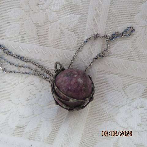 Lepidolite sphere hormone harmony pendant with calming effect in pewter cage and chain