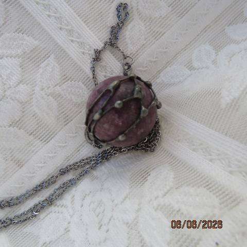 Lepidolite sphere hormone harmony pendant with calming effect in pewter cage and chain