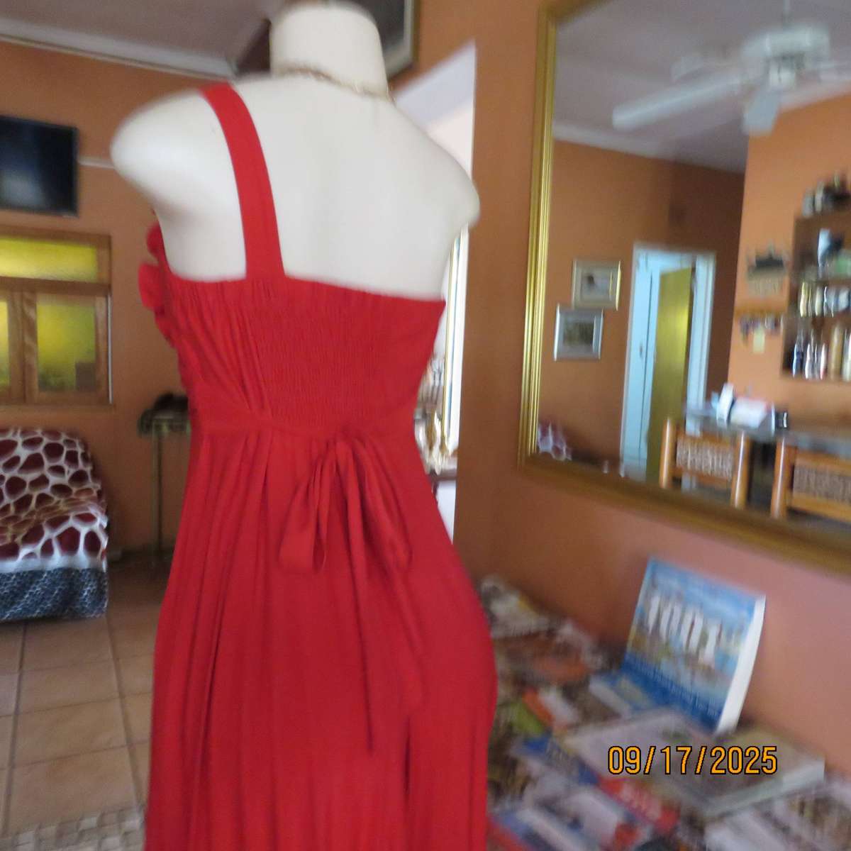 Dark red evening dress with permanent pleated bottom and 1 shoulder strap. Size 36