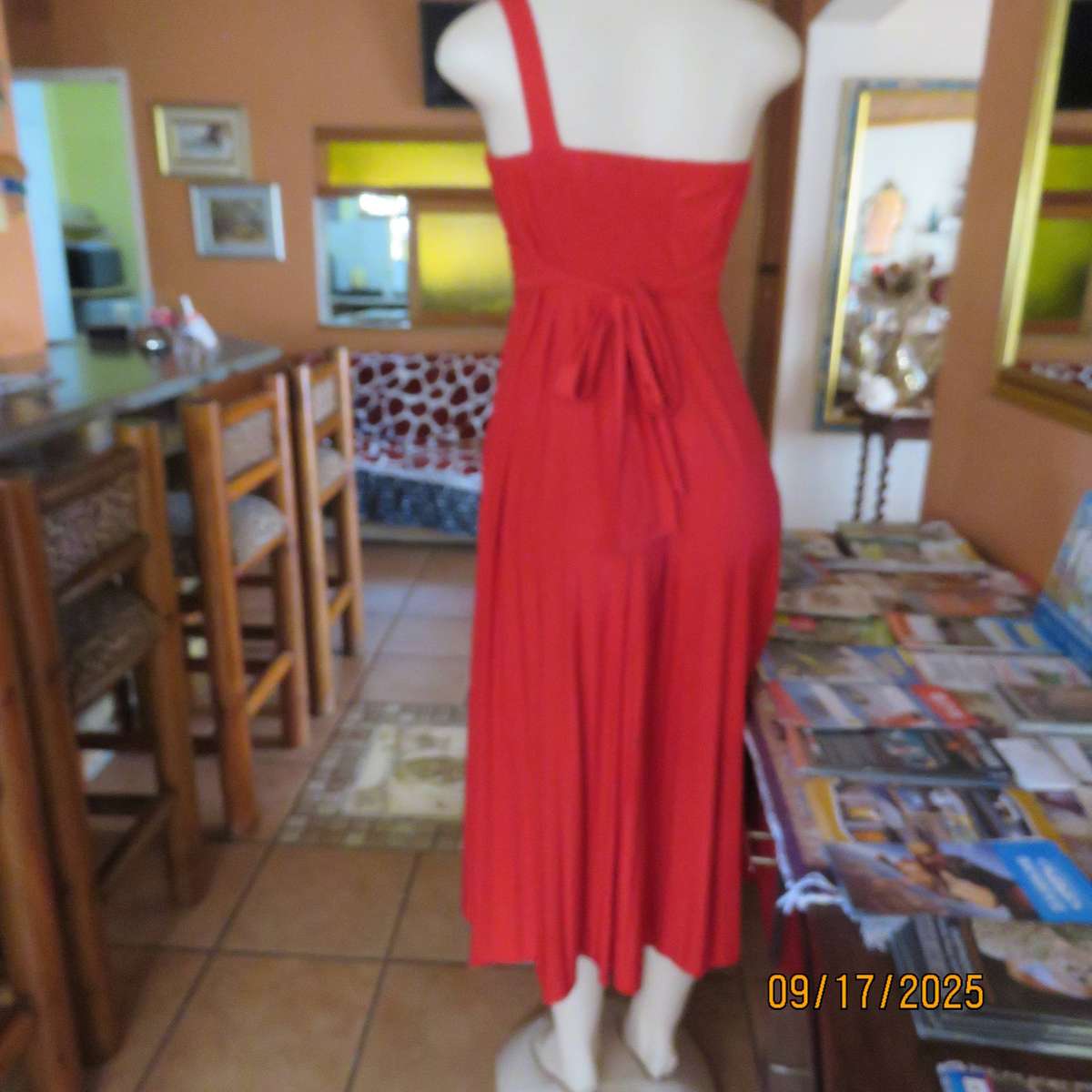 Dark red evening dress with permanent pleated bottom and 1 shoulder strap. Size 36