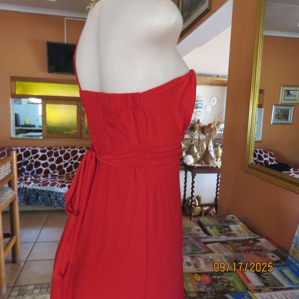 Dark red evening dress with permanent pleated bottom and 1 shoulder strap. Size 36