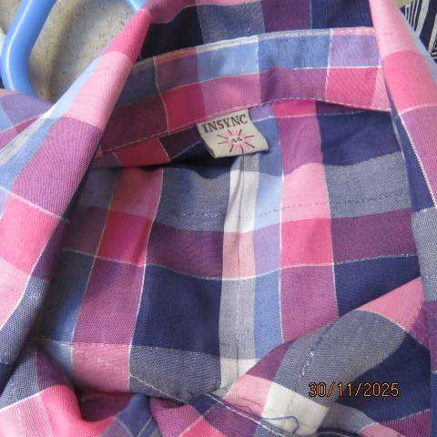 Checked pink-navy-mulberry-grey button down short sleeve shirt with silver thread. Size 44