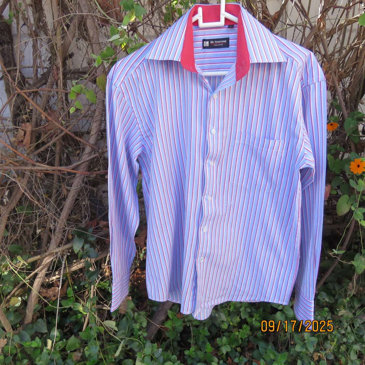 Mr HANDSOME blue-red-white vertical striped long sleeve shirt in polycotton. Size Small