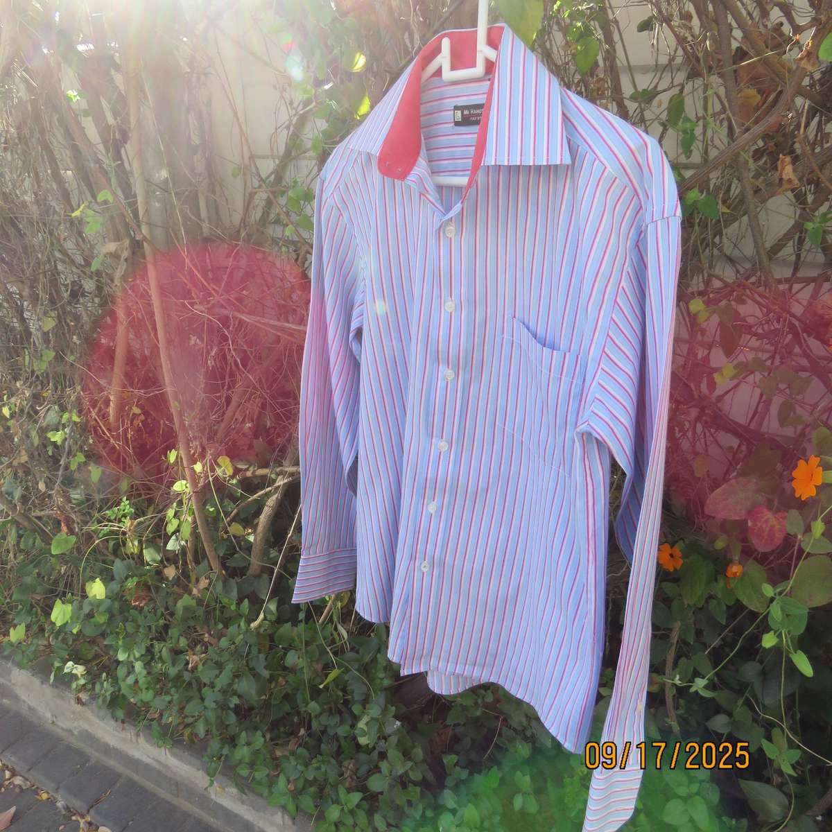 Mr HANDSOME blue-red-white vertical striped long sleeve shirt in polycotton. Size Small