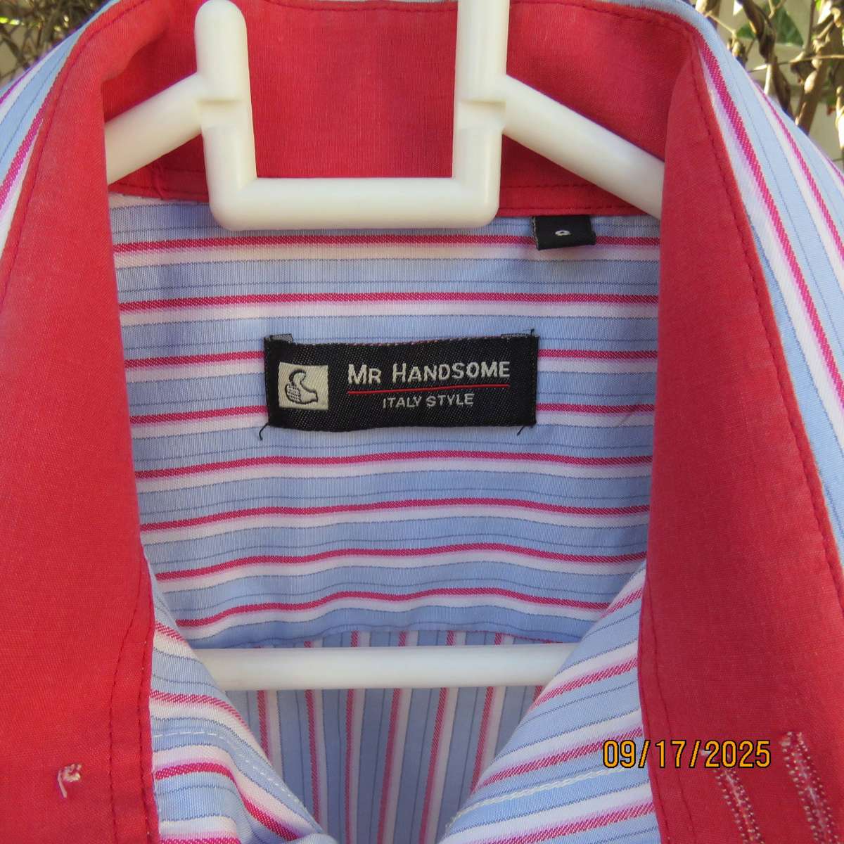 Mr HANDSOME blue-red-white vertical striped long sleeve shirt in polycotton. Size Small