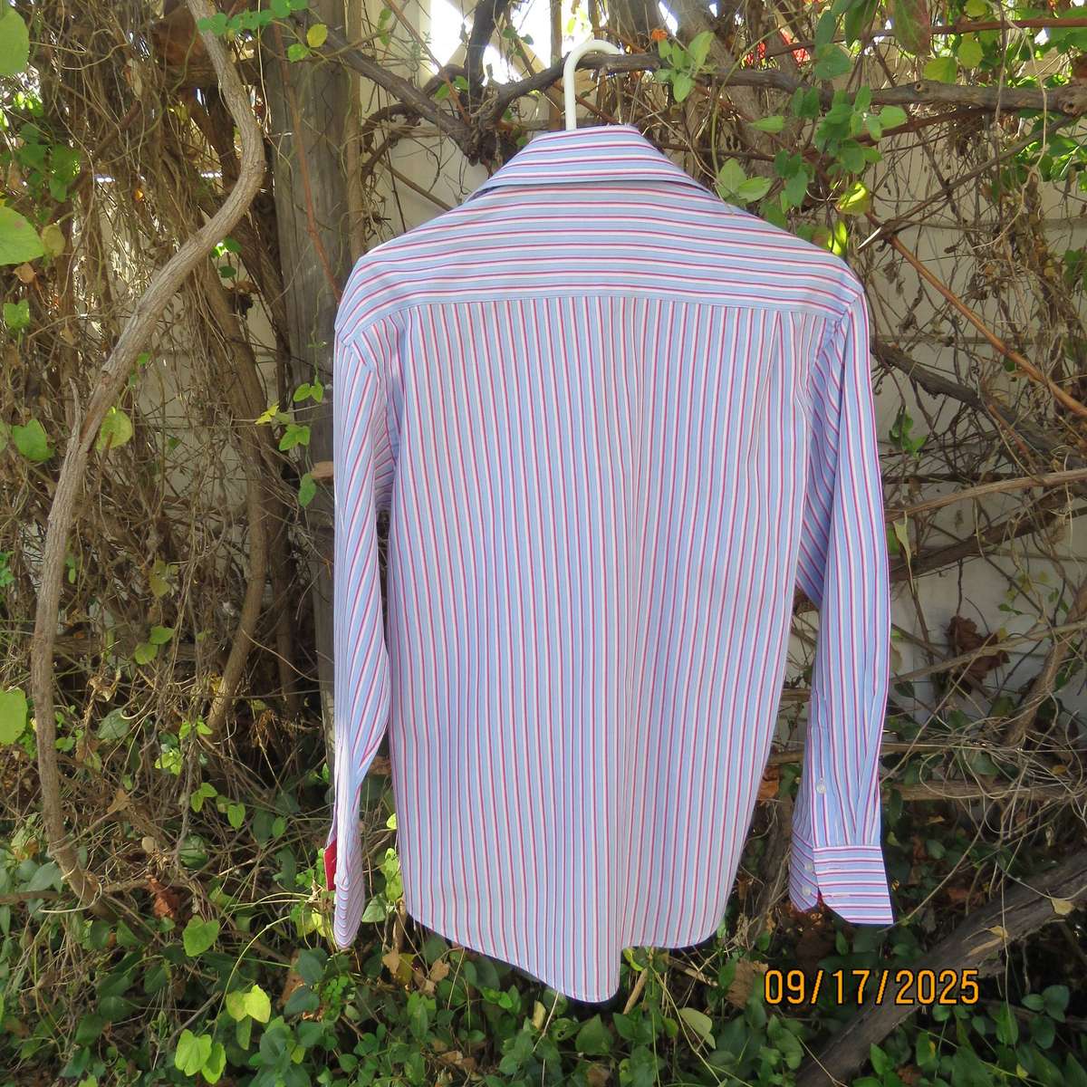Mr HANDSOME blue-red-white vertical striped long sleeve shirt in polycotton. Size Small