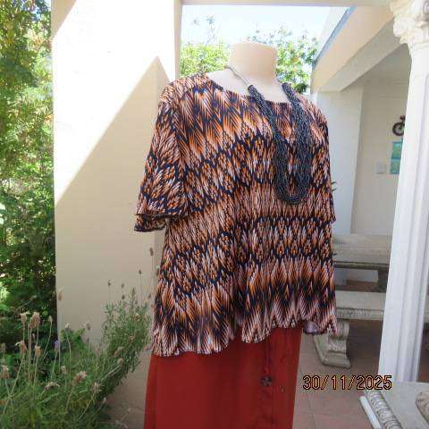 Bohemian Chic navy-orange-white horizontal printed bell sleeve polyester stretch top. Size 44