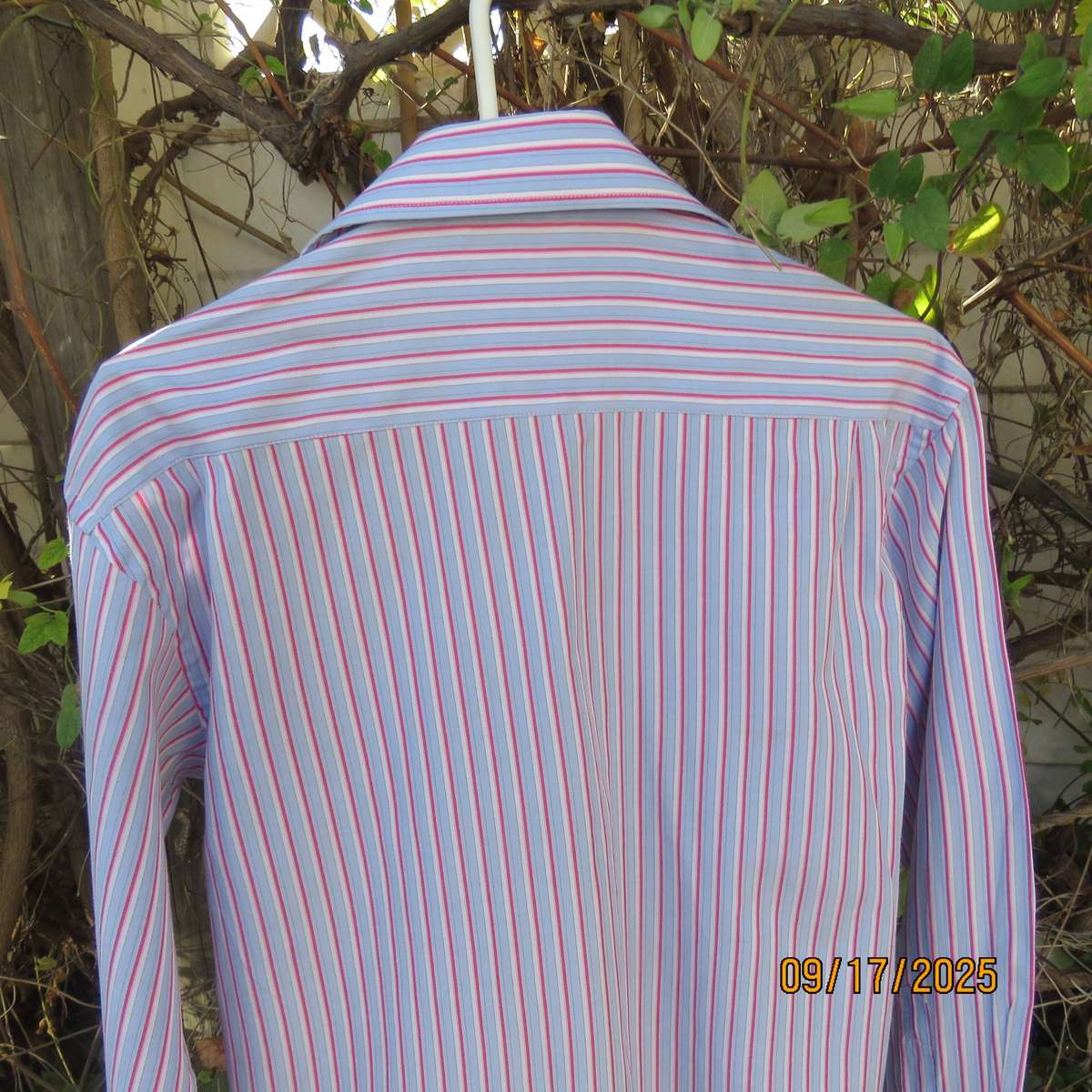 Mr HANDSOME blue-red-white vertical striped long sleeve shirt in polycotton. Size Small