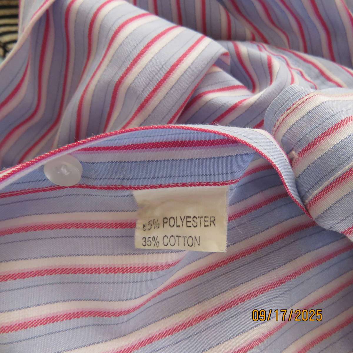Mr HANDSOME blue-red-white vertical striped long sleeve shirt in polycotton. Size Small