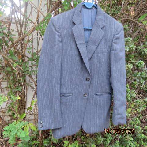 FIRENZI men's mist blue grey striped jacket with 2 button closure in wool-polyester blend. Size 36