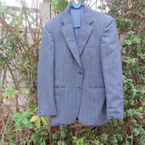 FIRENZI men's mist blue grey striped jacket with 2 button closure in wool-polyester blend. Size 36