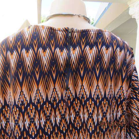 Bohemian Chic navy-orange-white horizontal printed bell sleeve polyester stretch top. Size 44