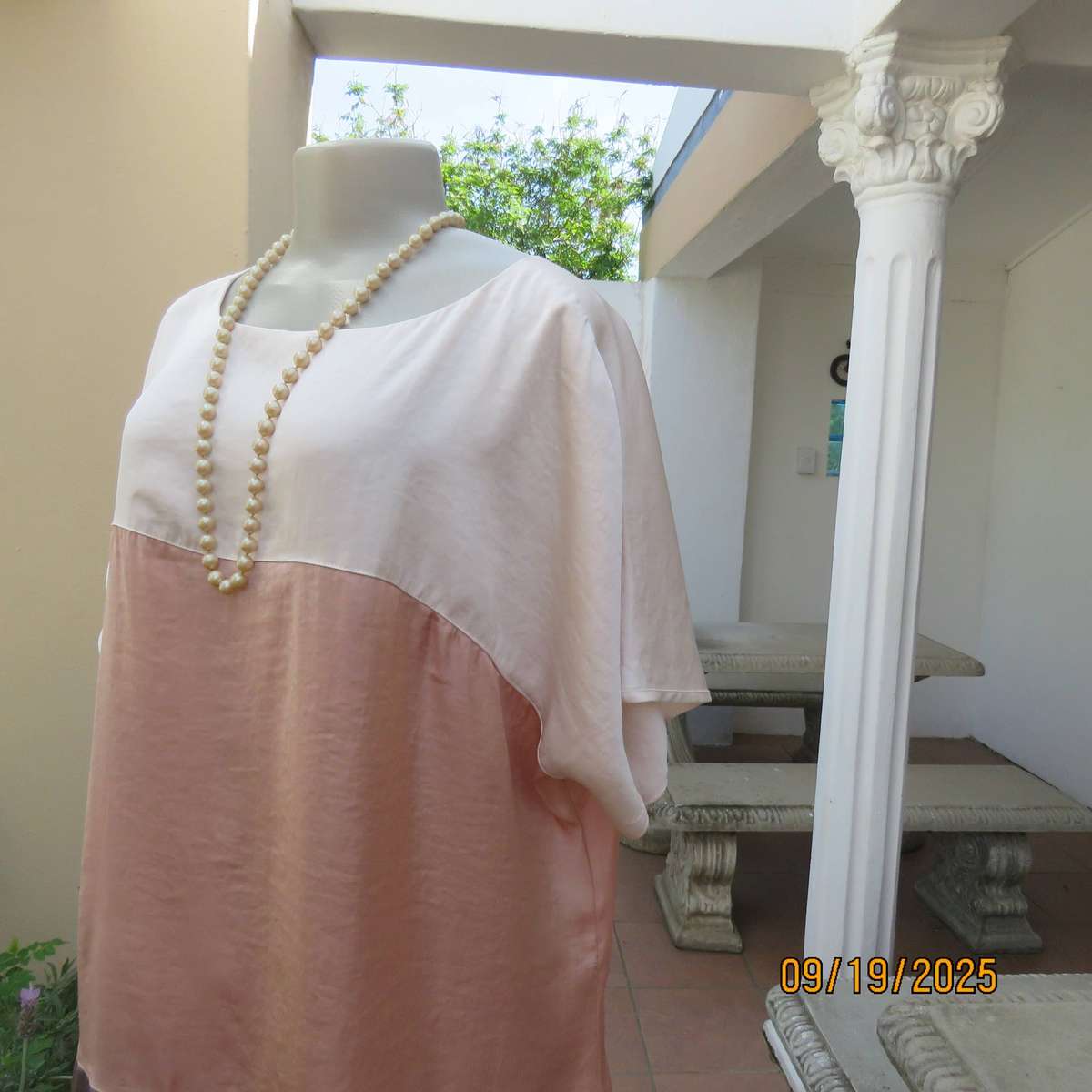 EXACT soft silky shiny slip over top in cream-peach and ecru. Tiny cut-on sleeves. Size 44