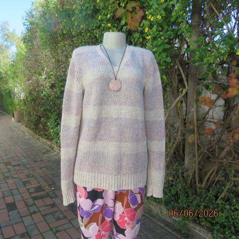 Ladies hand knitted long sleeve V neck sweater with horizontal soft colour lines, size 40