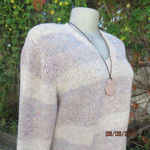 Ladies hand knitted long sleeve V neck sweater with horizontal soft colour lines, size 40