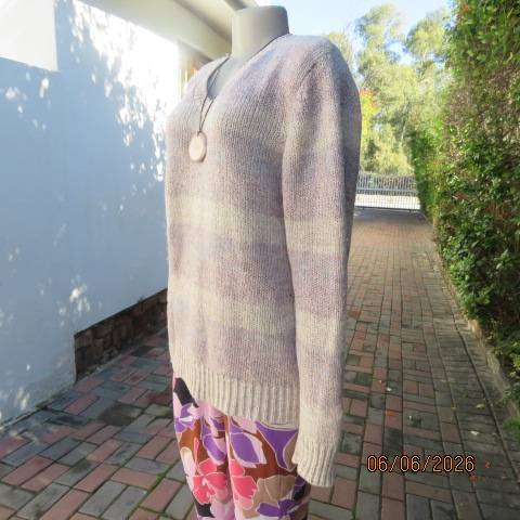 Ladies hand knitted long sleeve V neck sweater with horizontal soft colour lines, size 40