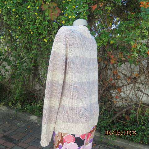 Ladies hand knitted long sleeve V neck sweater with horizontal soft colour lines, size 40