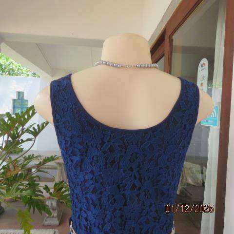 Berry blue sleeveless lace dress with stretch polyester lining. Elasticated waist. Size 30