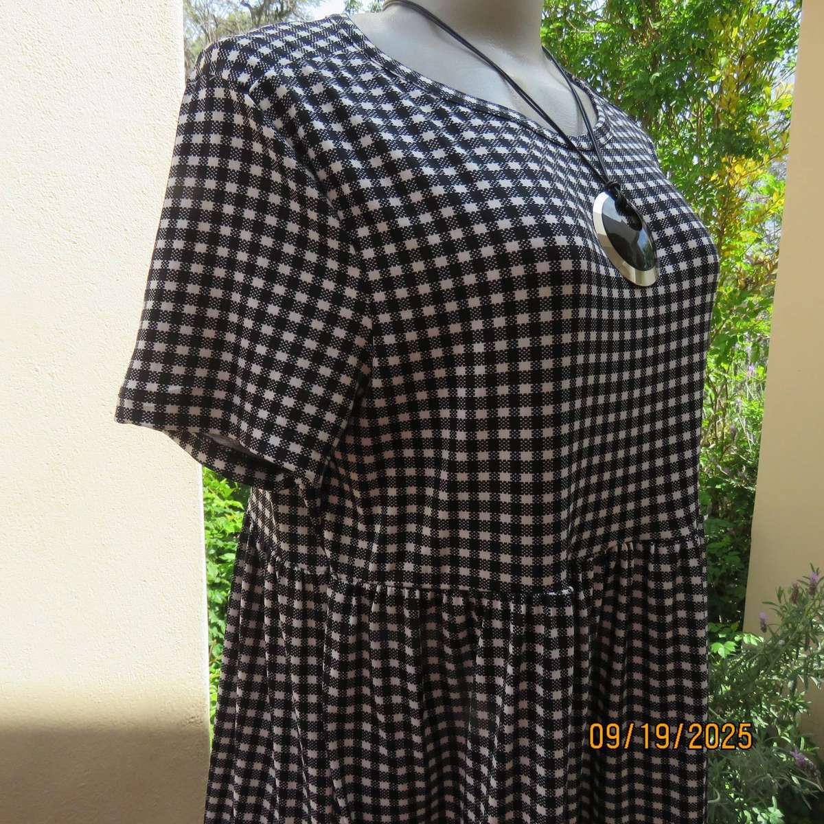 REAL Woman black-white gingham stretch polyester empire waist dress size 36.