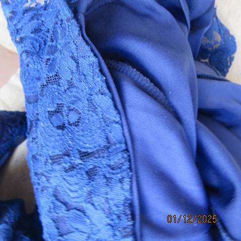 Berry blue sleeveless lace dress with stretch polyester lining. Elasticated waist. Size 30