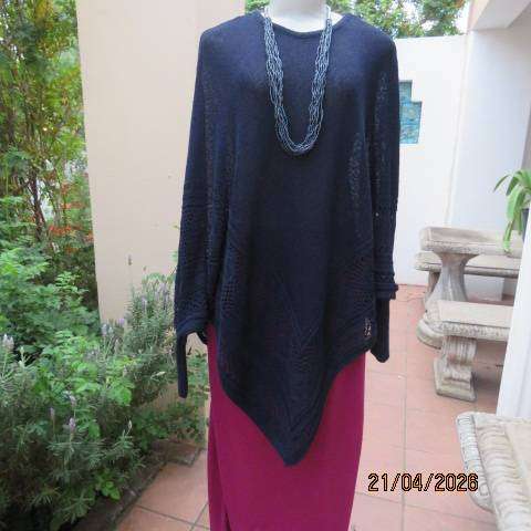 MILADYS navy poncho style polycotton knit top with long sleeves and pointed front, size 38-42