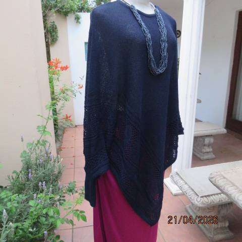 MILADYS navy poncho style polycotton knit top with long sleeves and pointed front, size 38-42