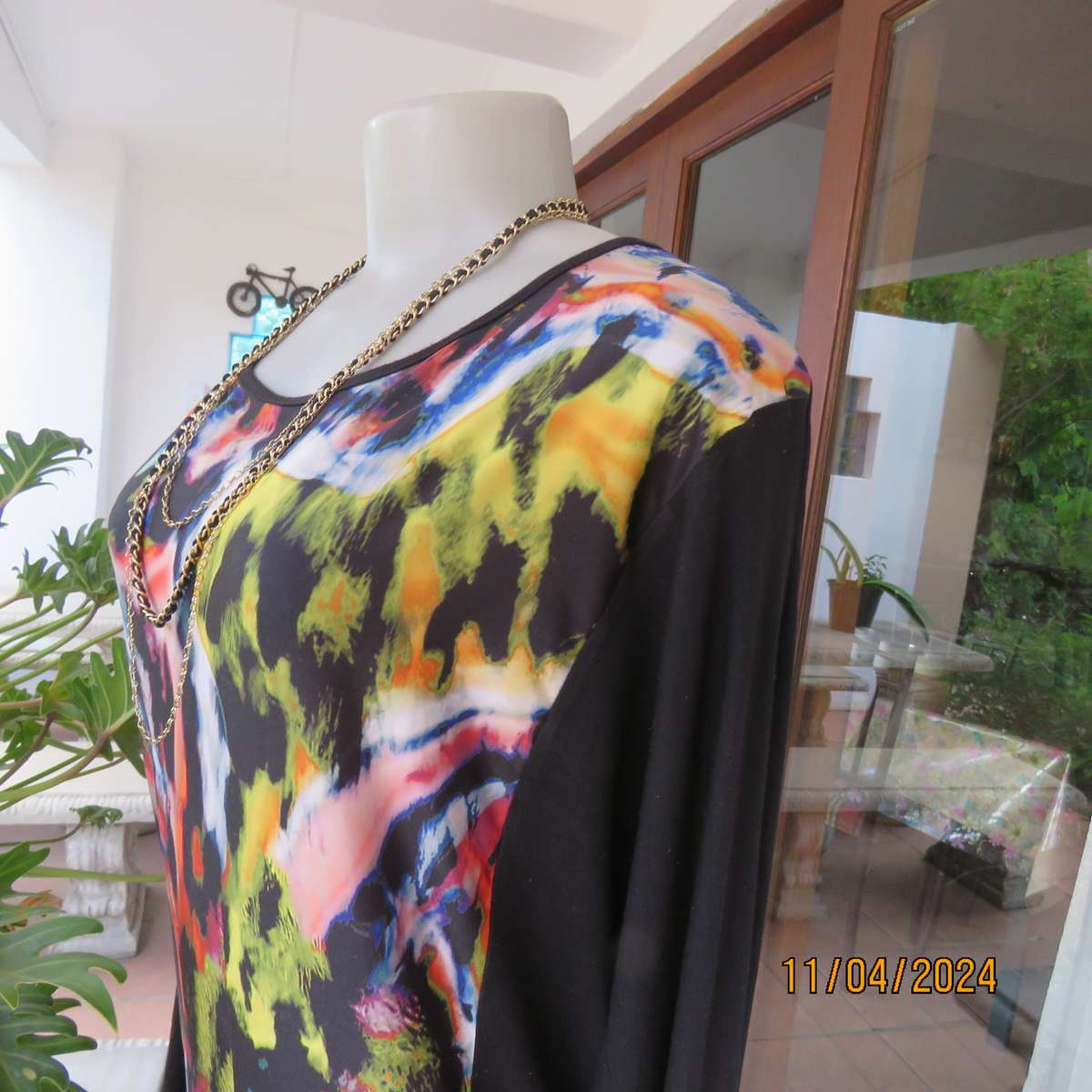 MARIQUE YSSEL ankle length black viscose stretch dress with poly stretch contrast inlay. Size 34.