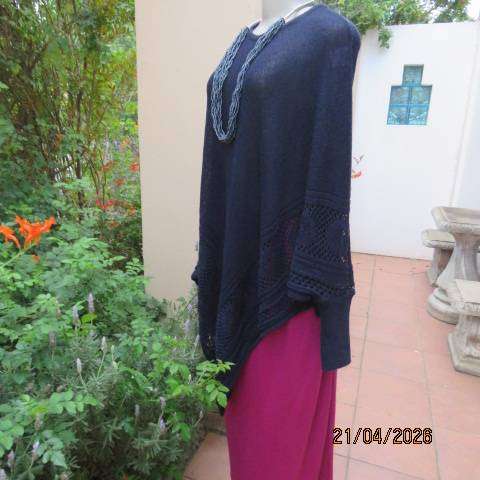 MILADYS navy poncho style polycotton knit top with long sleeves and pointed front, size 38-42