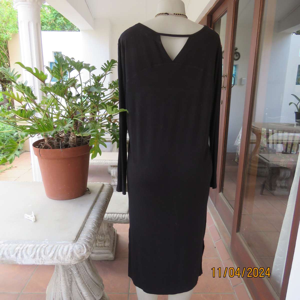 MARIQUE YSSEL ankle length black viscose stretch dress with poly stretch contrast inlay. Size 34.