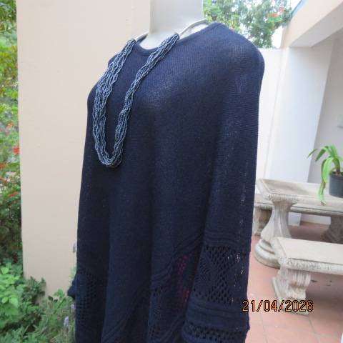 MILADYS navy poncho style polycotton knit top with long sleeves and pointed front, size 38-42