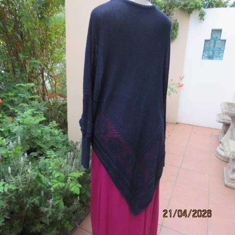 MILADYS navy poncho style polycotton knit top with long sleeves and pointed front, size 38-42