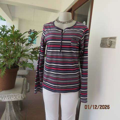 Horizontal striped long sleeve cotton slip over top in white-navy-grey and pink. Size 36