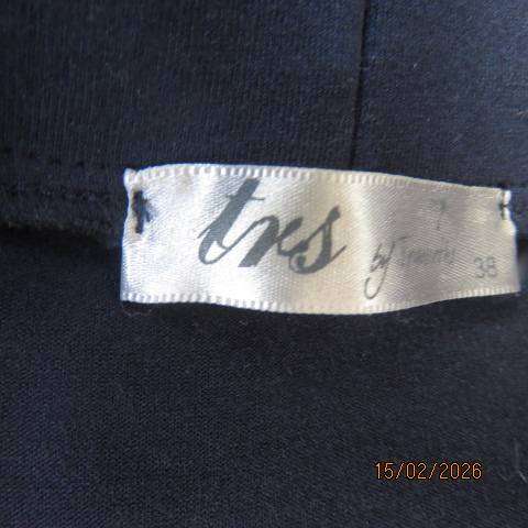 TRS navy stretch viscose skirt with rounded fold over front with pleats size 38. Elastic waist
