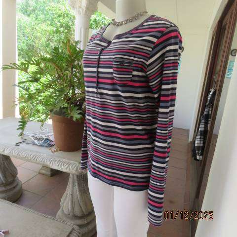 Horizontal striped long sleeve cotton slip over top in white-navy-grey and pink. Size 36
