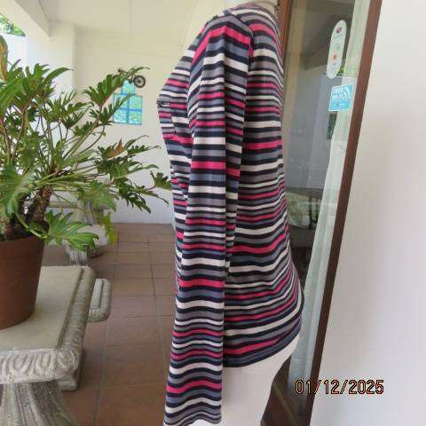 Horizontal striped long sleeve cotton slip over top in white-navy-grey and pink. Size 36