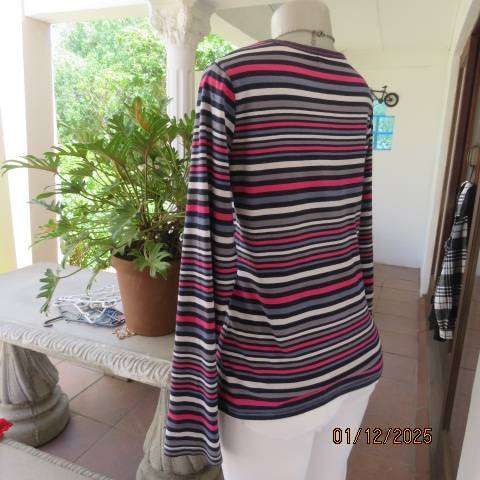 Horizontal striped long sleeve cotton slip over top in white-navy-grey and pink. Size 36
