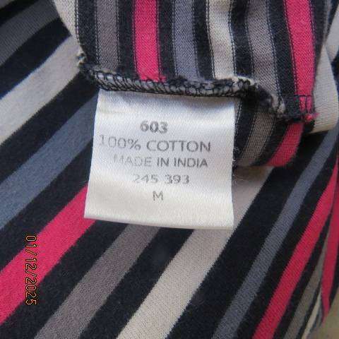 Horizontal striped long sleeve cotton slip over top in white-navy-grey and pink. Size 36