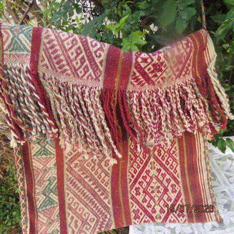 Handmade woven jacquard tote bag with maroon, beige, and green stripe pattern