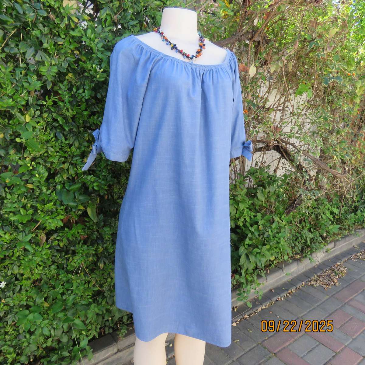 EXACT denim blue cotton-viscose shift dress. Wide elasticated neckline. Size 36