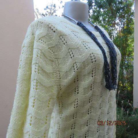 Lemon yellow acrylic knit pullover cardigan knitted in lace stitch with scalloped edging. Size 42