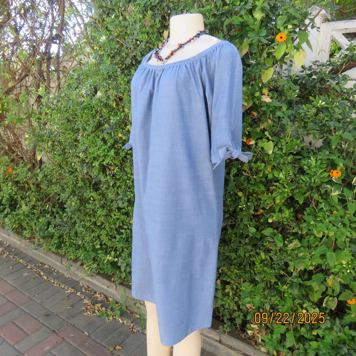 EXACT denim blue cotton-viscose shift dress. Wide elasticated neckline. Size 36