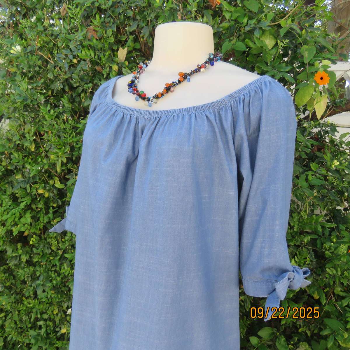 EXACT denim blue cotton-viscose shift dress. Wide elasticated neckline. Size 36