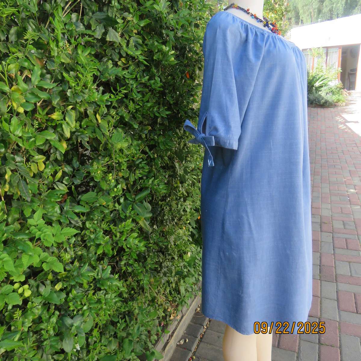 EXACT denim blue cotton-viscose shift dress. Wide elasticated neckline. Size 36