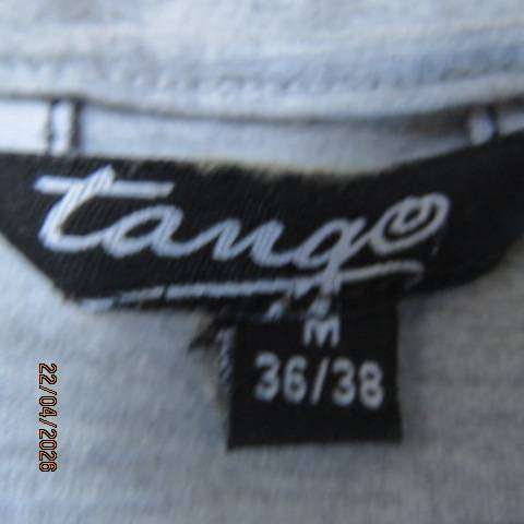 Tango top with silvergrey poly-rayon back and silky polyester graphic front, size 38