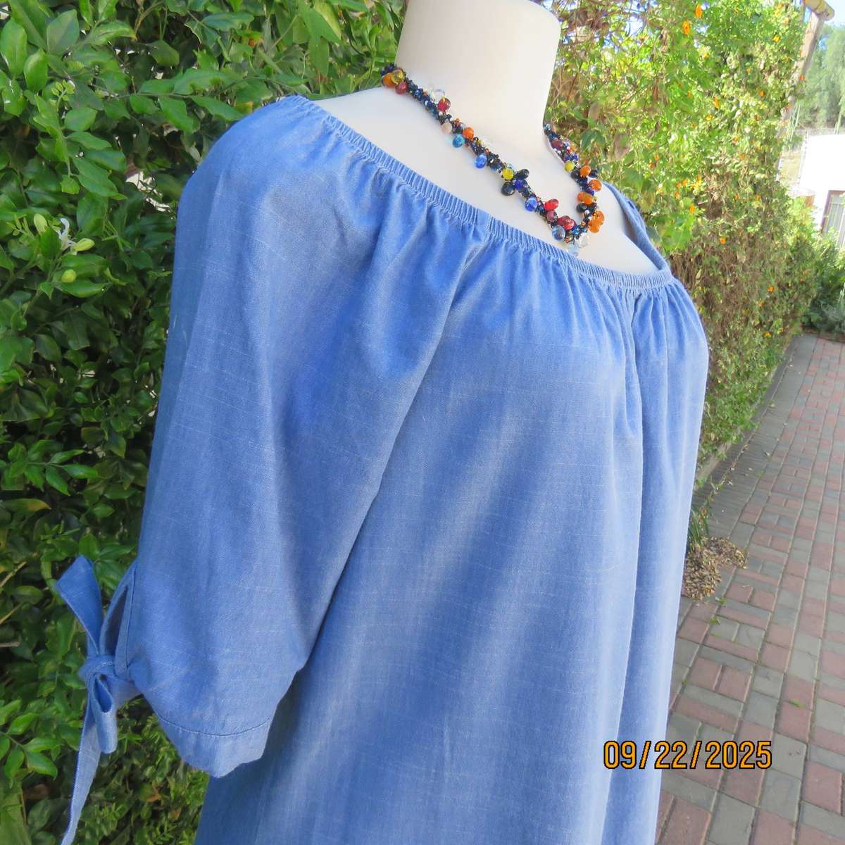 EXACT denim blue cotton-viscose shift dress. Wide elasticated neckline. Size 36