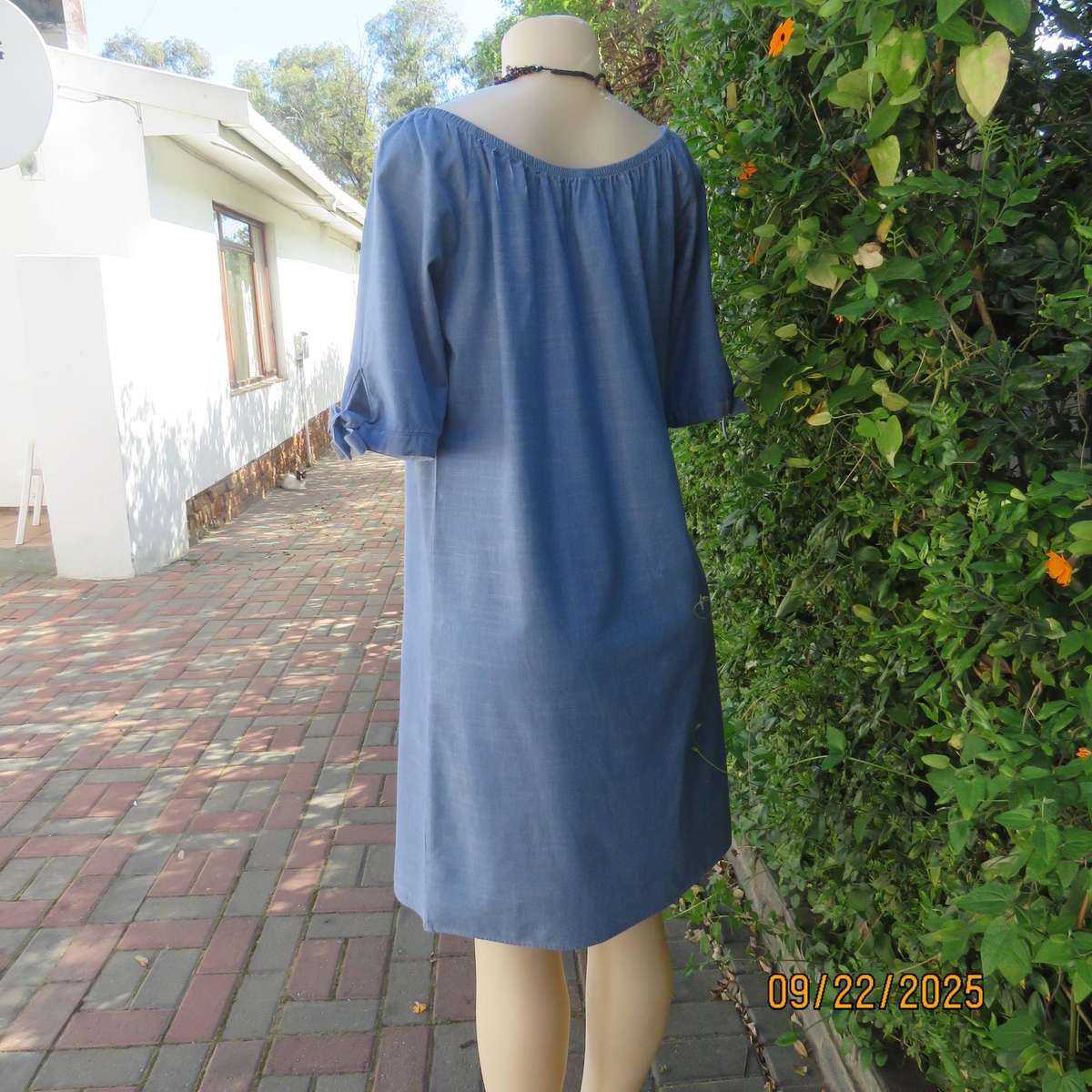 EXACT denim blue cotton-viscose shift dress. Wide elasticated neckline. Size 36