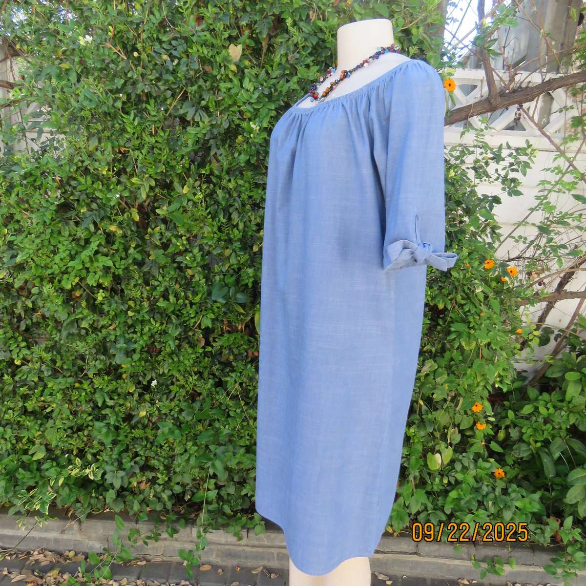 EXACT denim blue cotton-viscose shift dress. Wide elasticated neckline. Size 36
