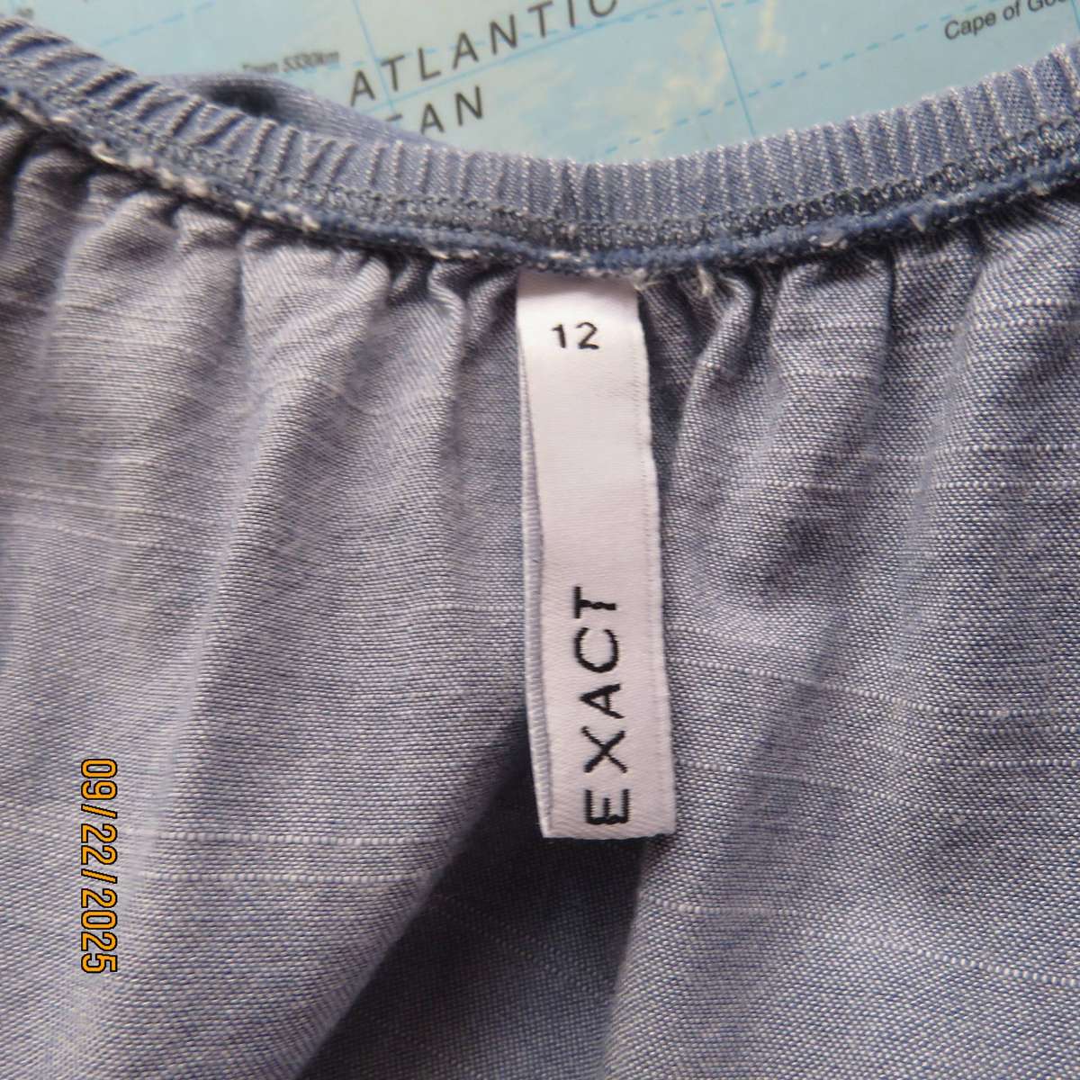 EXACT denim blue cotton-viscose shift dress. Wide elasticated neckline. Size 36