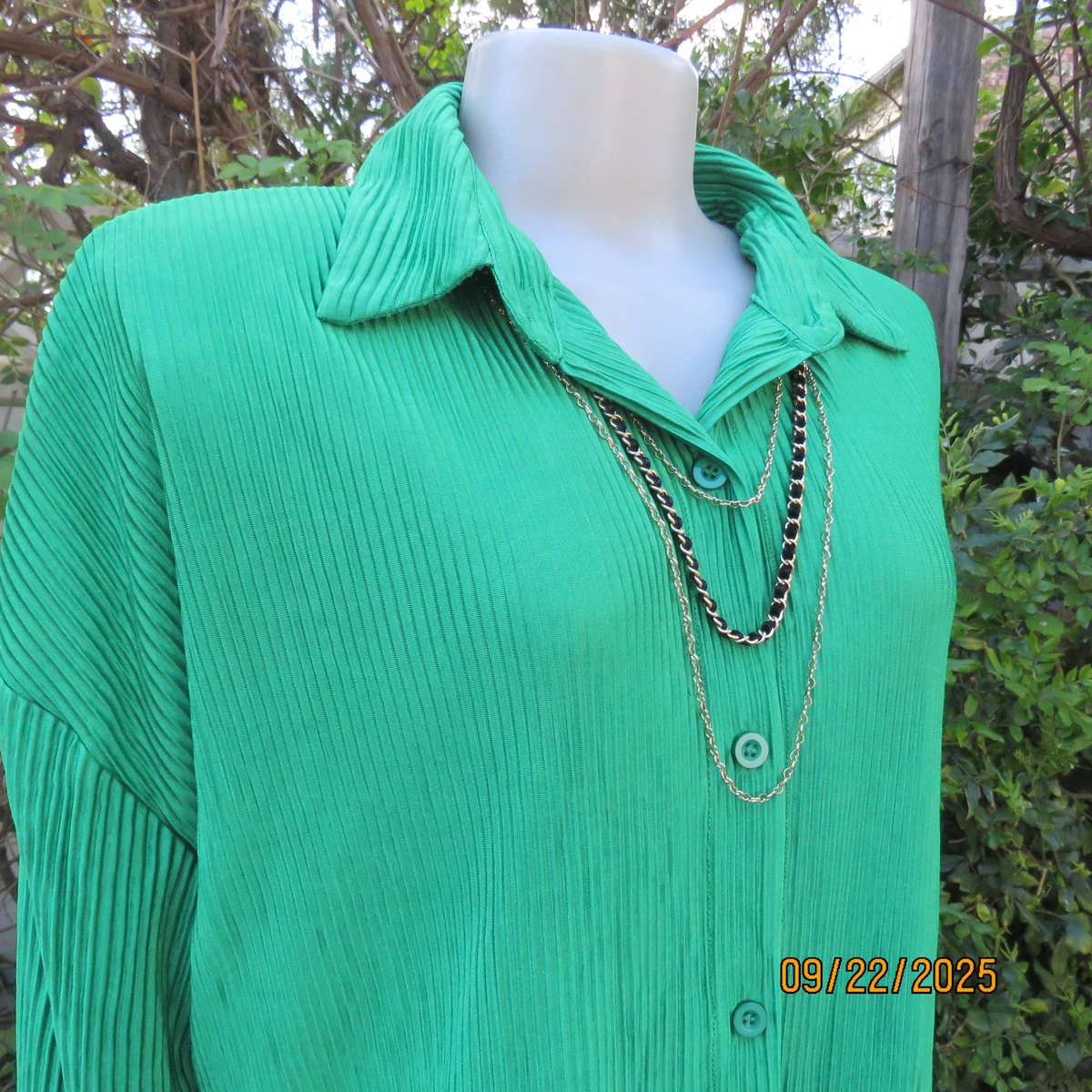 LE COUTURE true green permanent pleated stretch polyester long top size 44