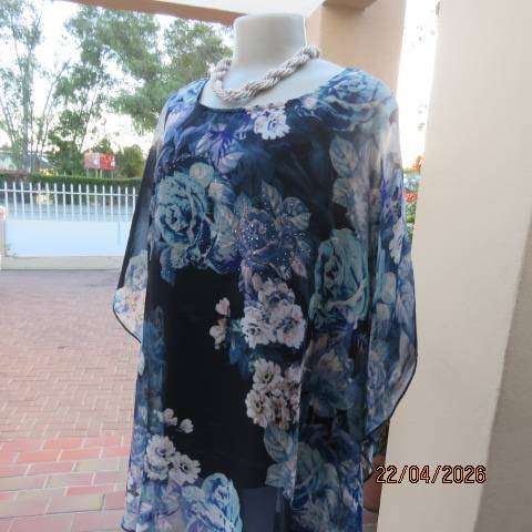 QUEENSPARK navy slip-over top with floral overlay and stretch polyester underlay, size 38